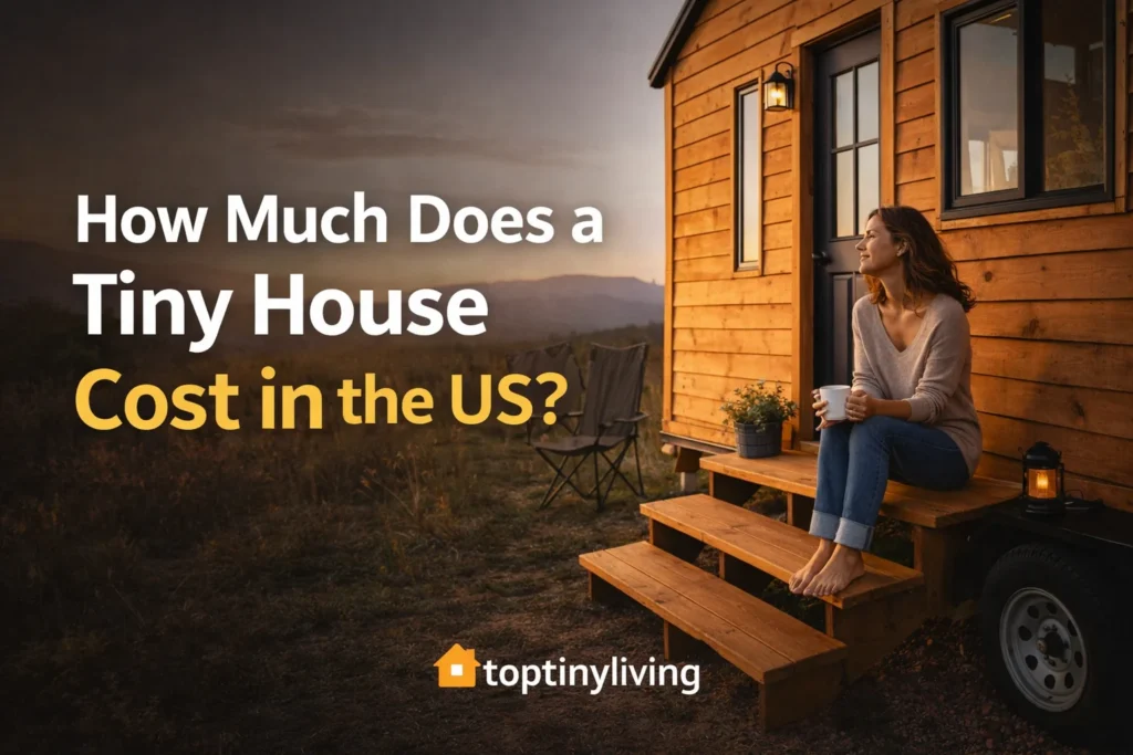 how much does a tiny house cost in the US lifestyle image with woman sitting outside tiny home