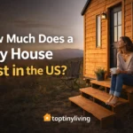 how much does a tiny house cost in the US lifestyle image with woman sitting outside tiny home