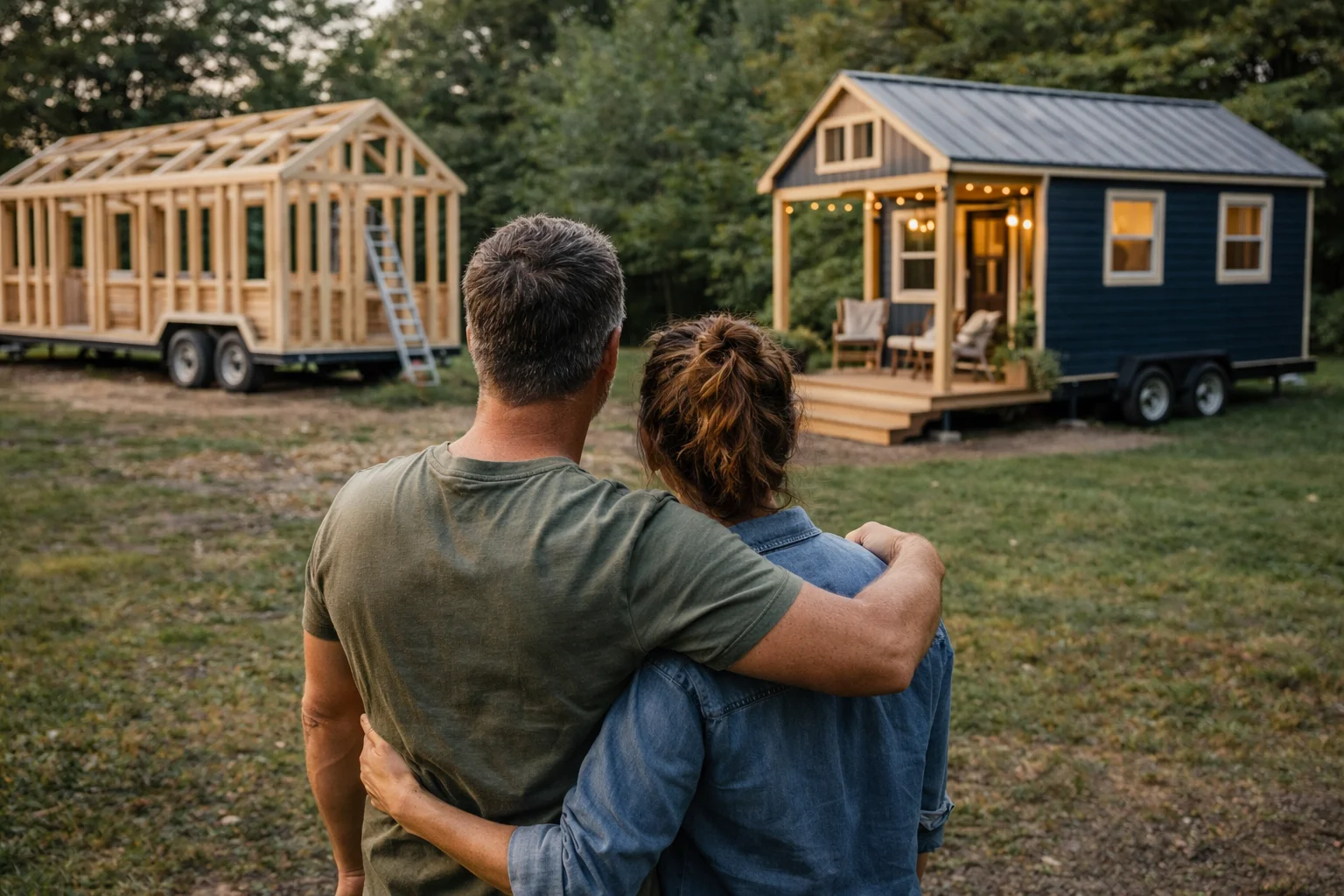tiny house under construction vs finished home showing DIY and professional build