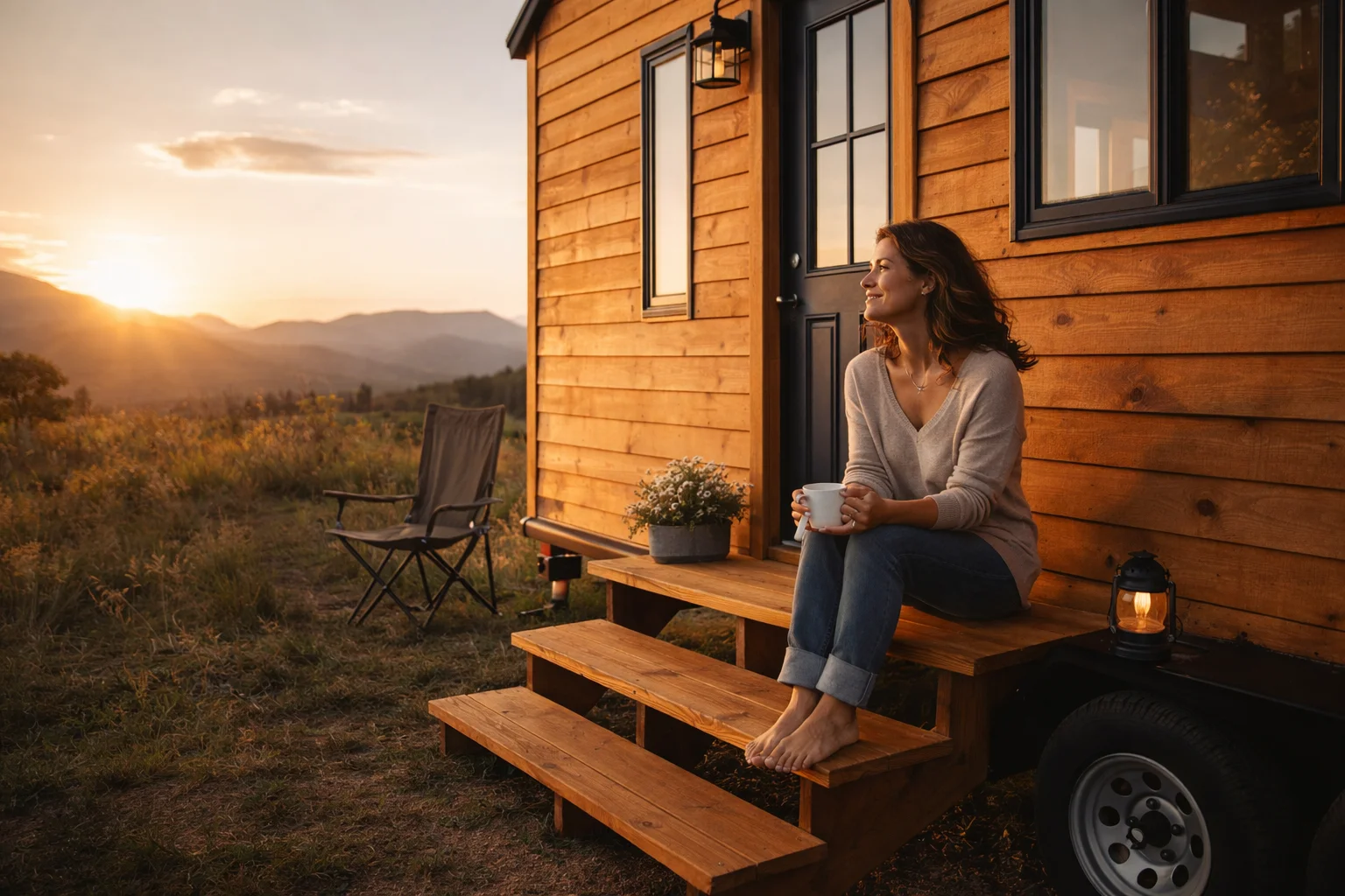 woman relaxing outside tiny house enjoying simple peaceful lifestyle