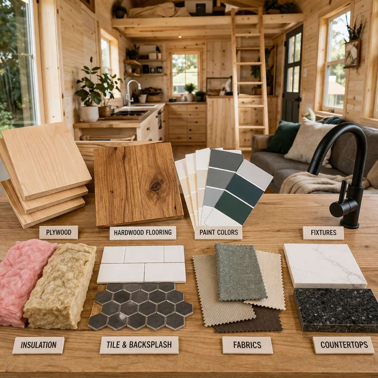 tiny house interior with different materials finishes wood flooring and design choices