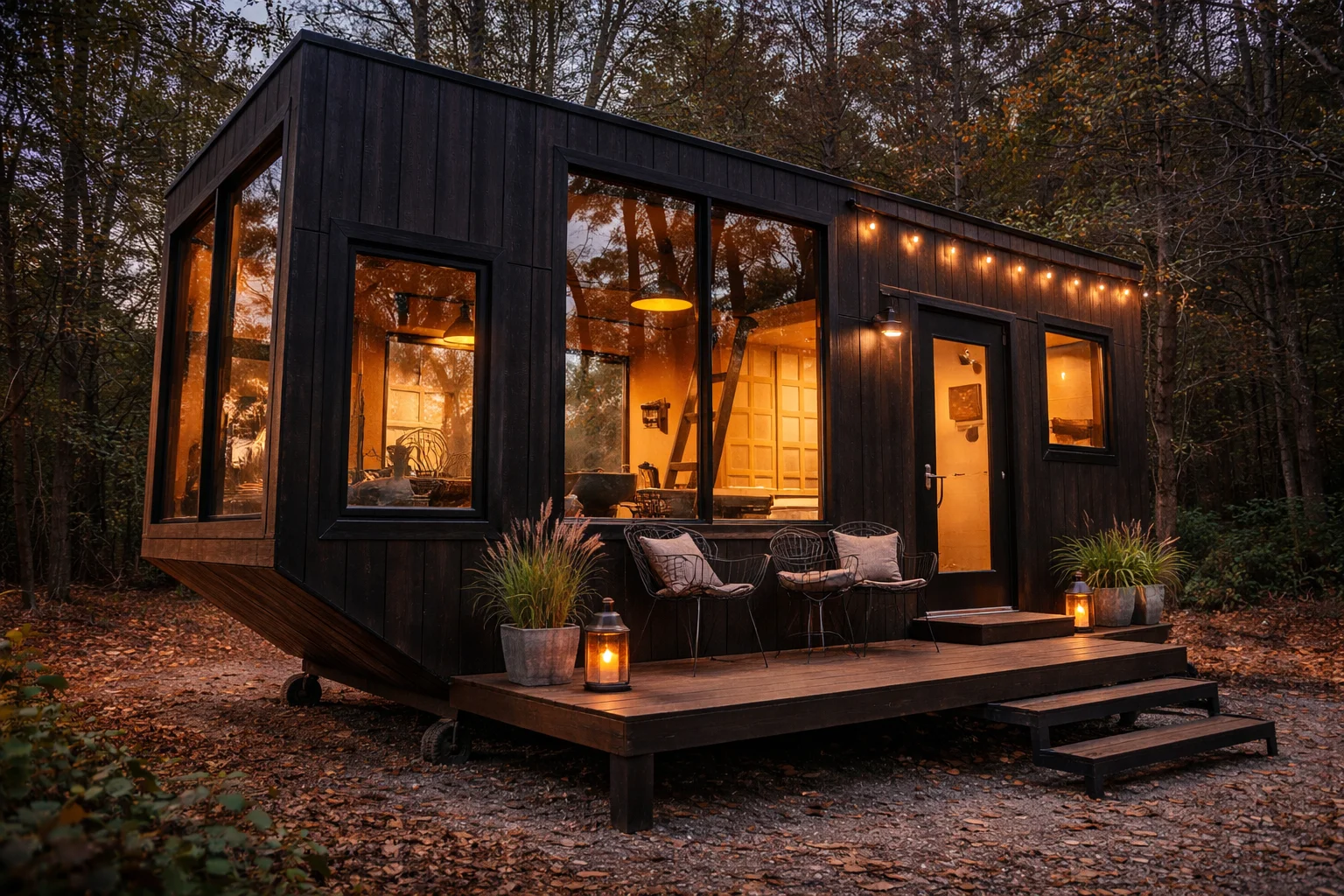 Compact modern tiny house cube design with large windows
