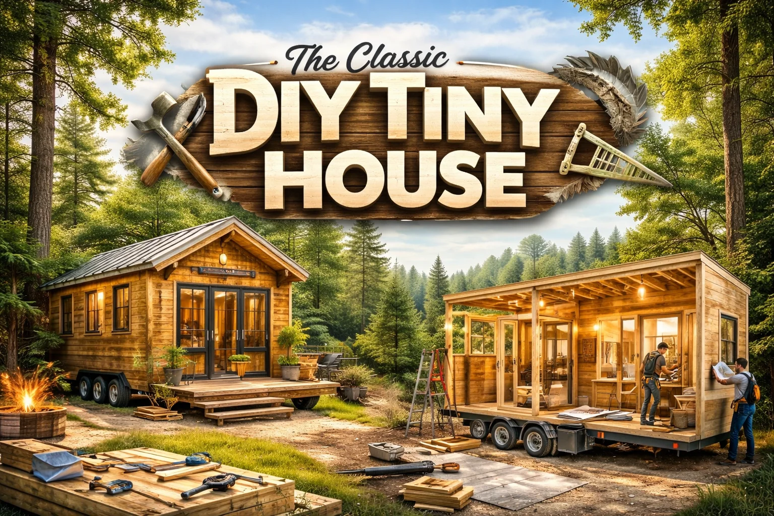 Classic DIY tiny house on wheels with wooden design and cozy outdoor setup