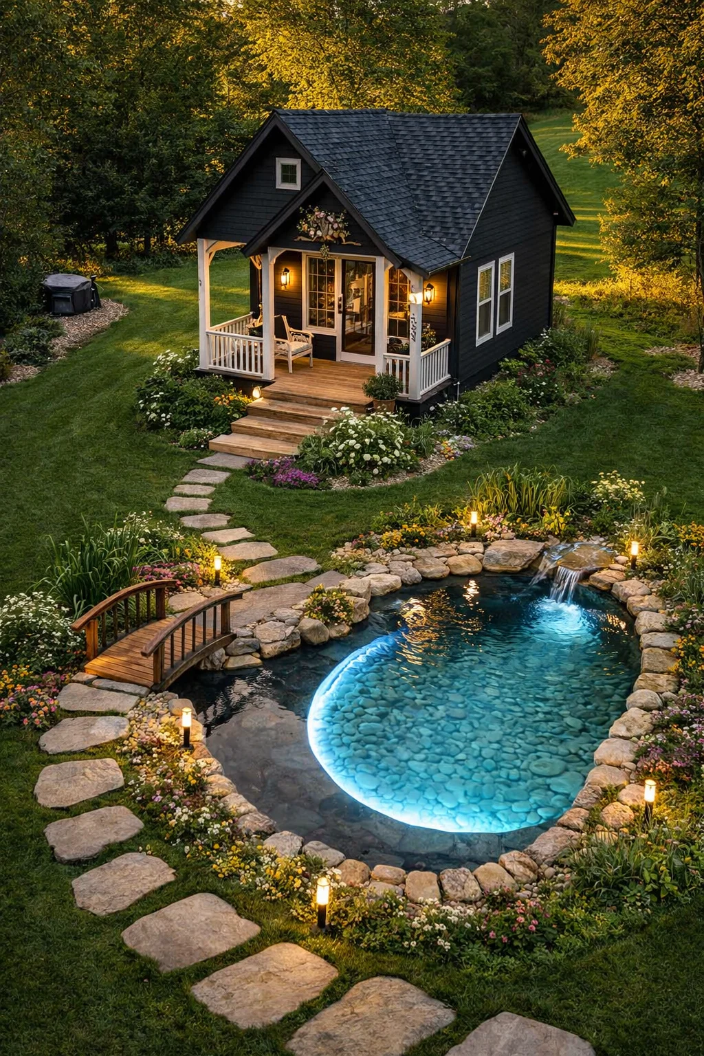 Cozy small cottage with garden pond and wooden bridge in backyard