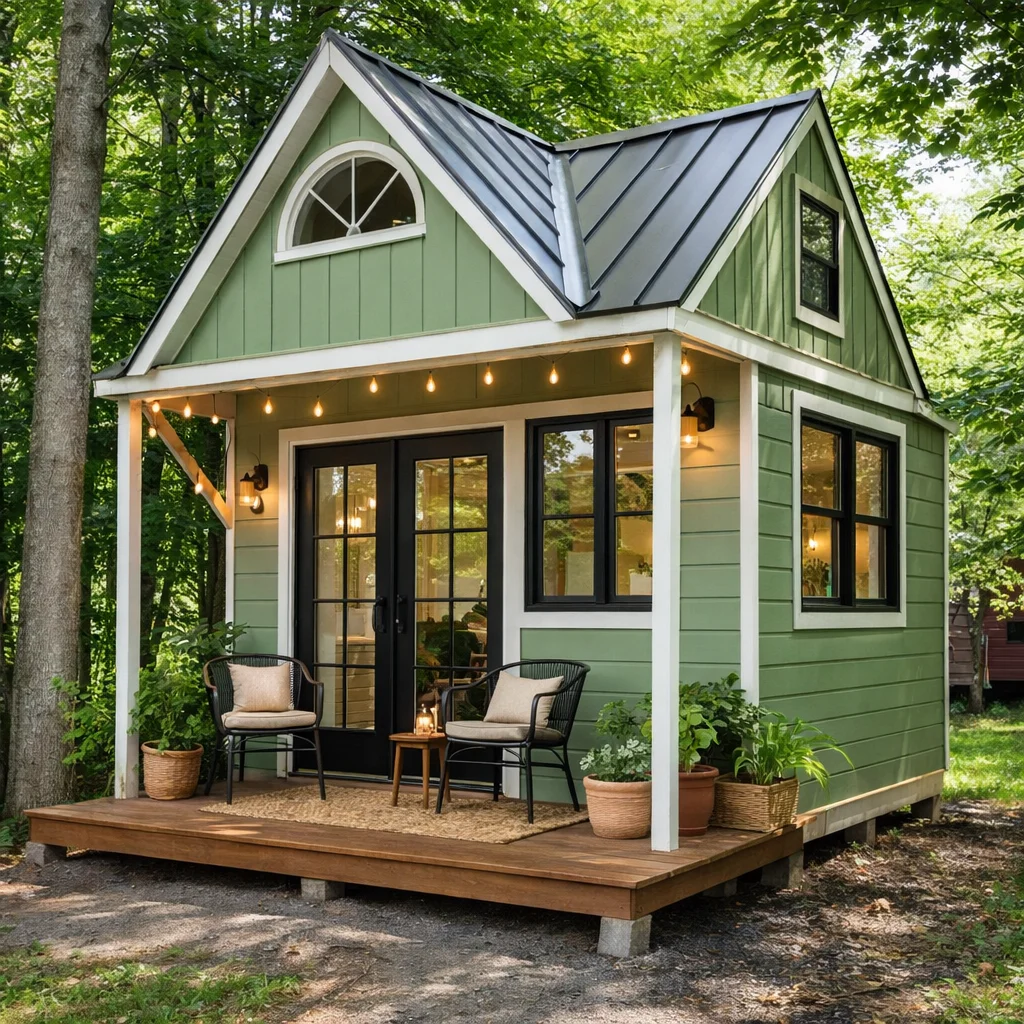 Small green tiny house in forest with porch and black windows
