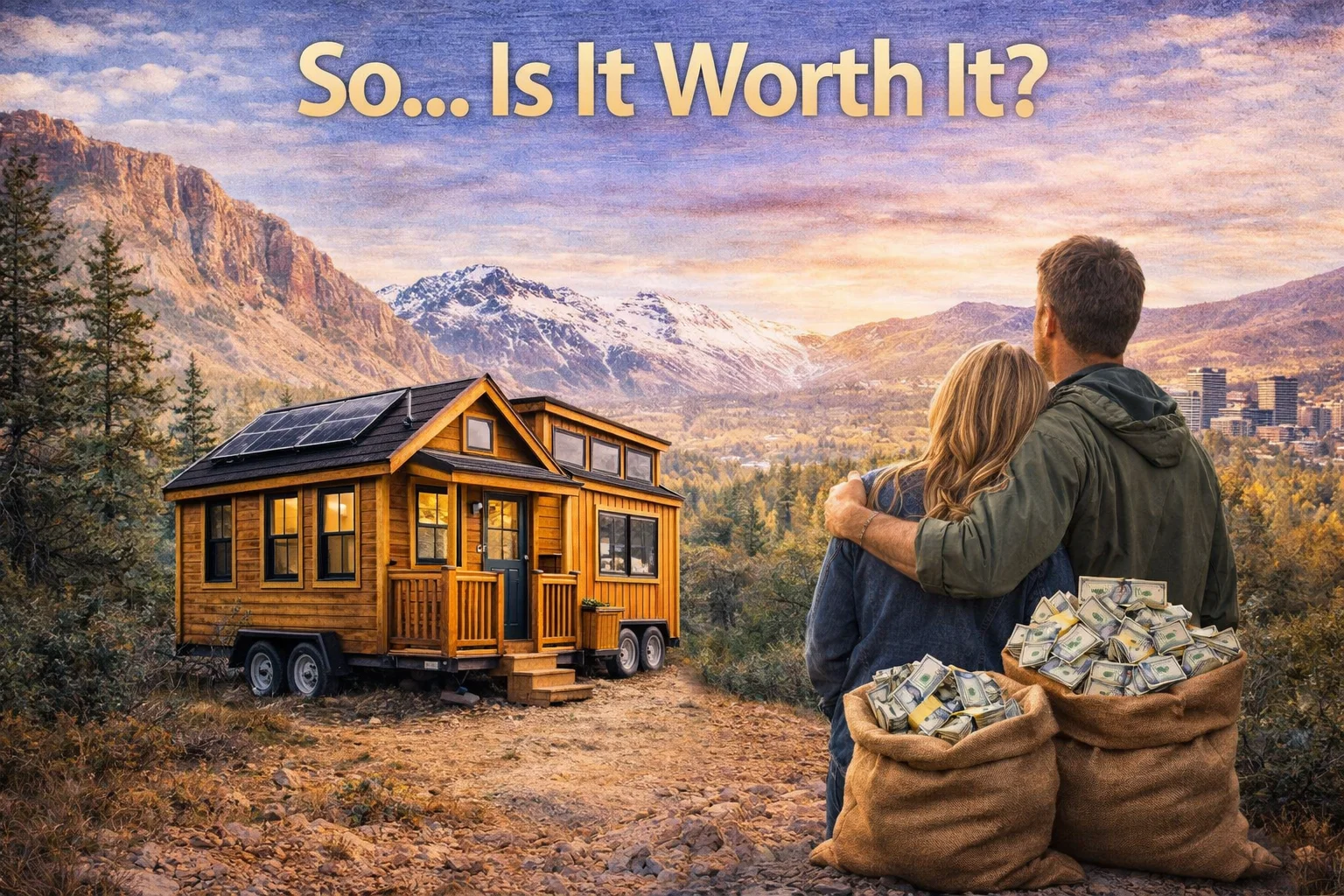 couple thinking about tiny house living in Utah at sunset