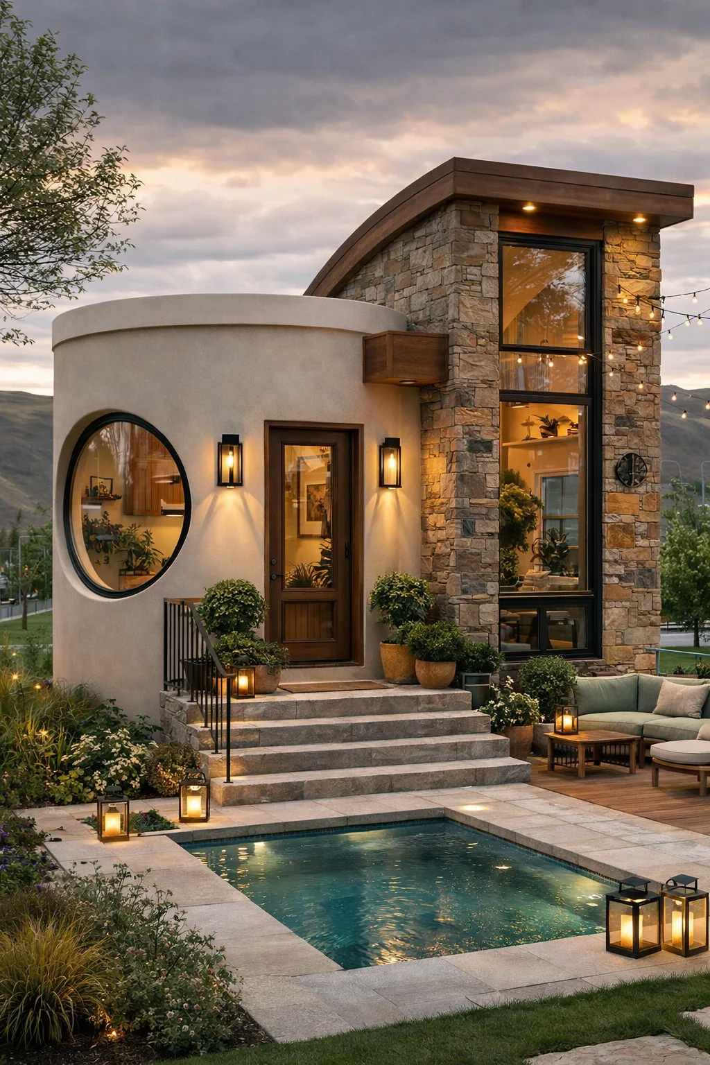 Modern small house with stone exterior and outdoor pool