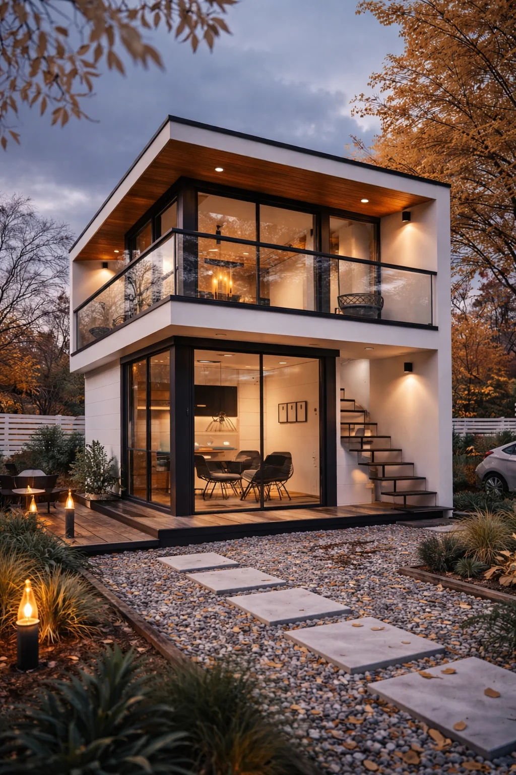 Modern two story tiny house with glass balcony and large windows surrounded by autumn trees