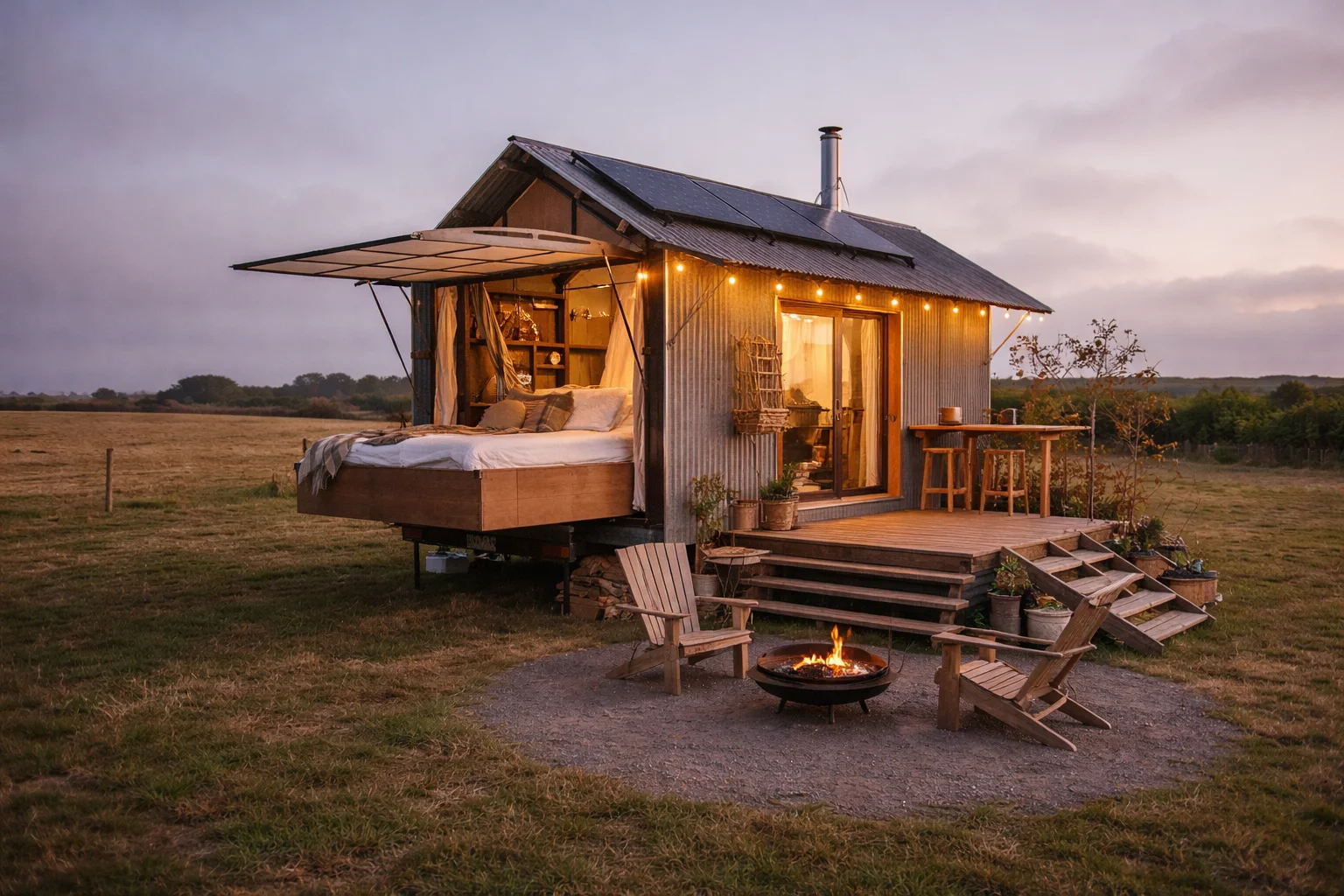 Modern tiny house with open wall and outdoor bedroom concept