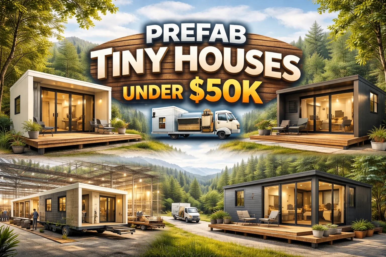 Modern prefab tiny houses under $50K with minimalist design and large windows