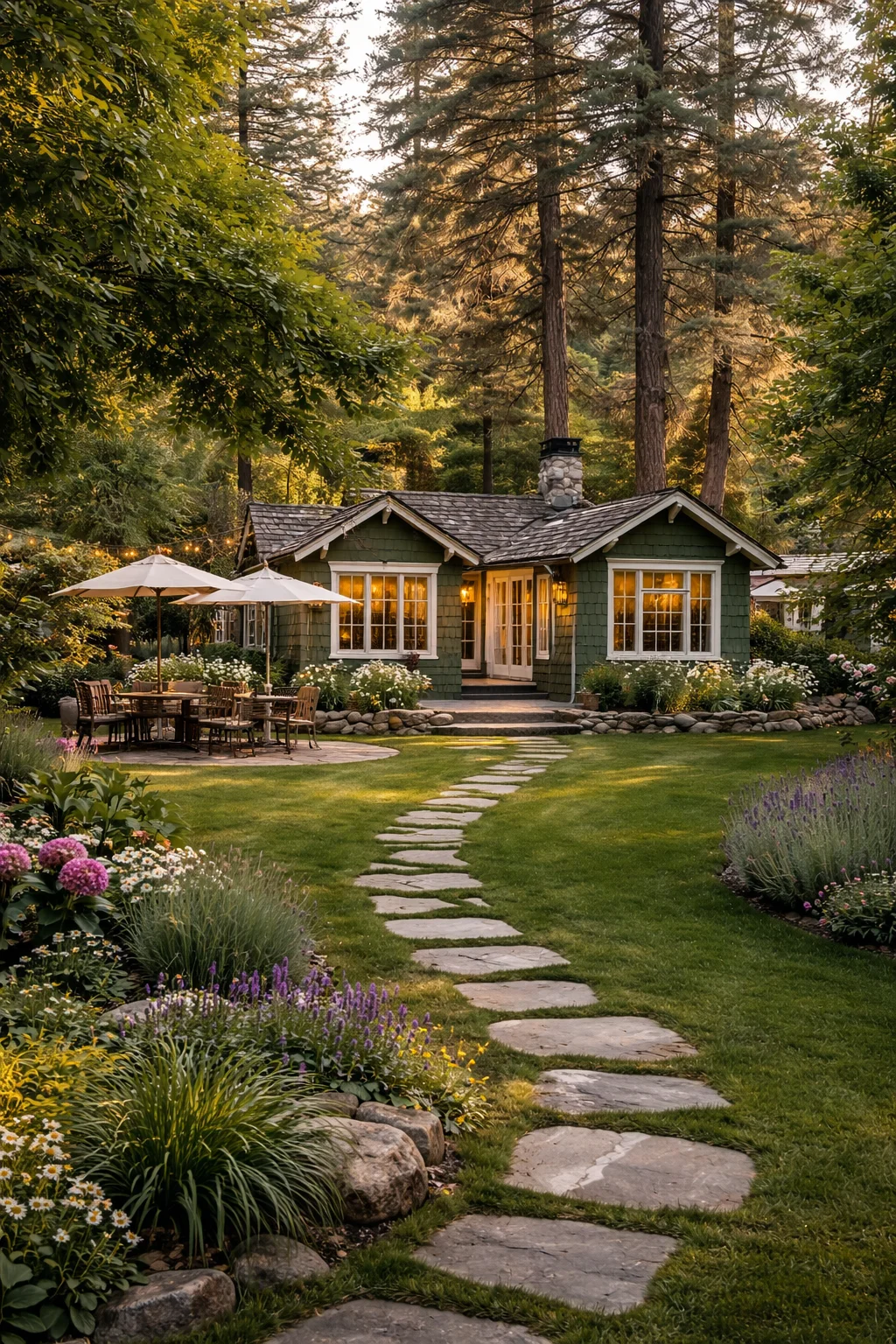 Cozy cottage in forest with garden pathway and outdoor seating area
