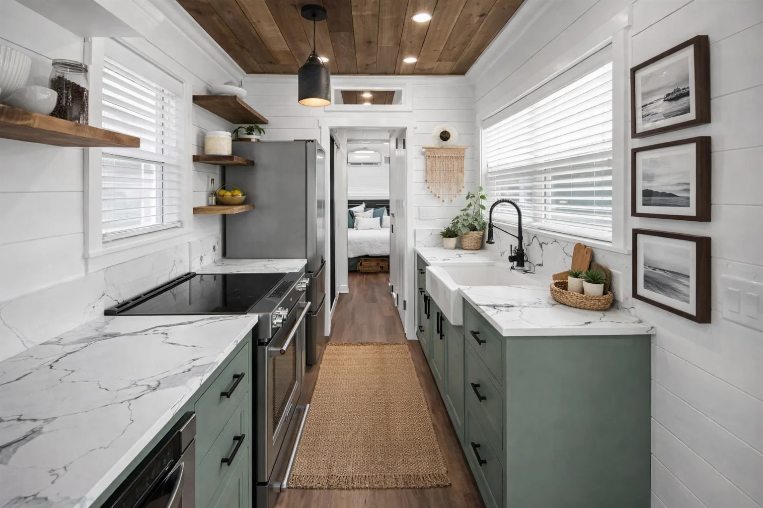 Tiny house kitchen interior with green cabinets and wood ceiling