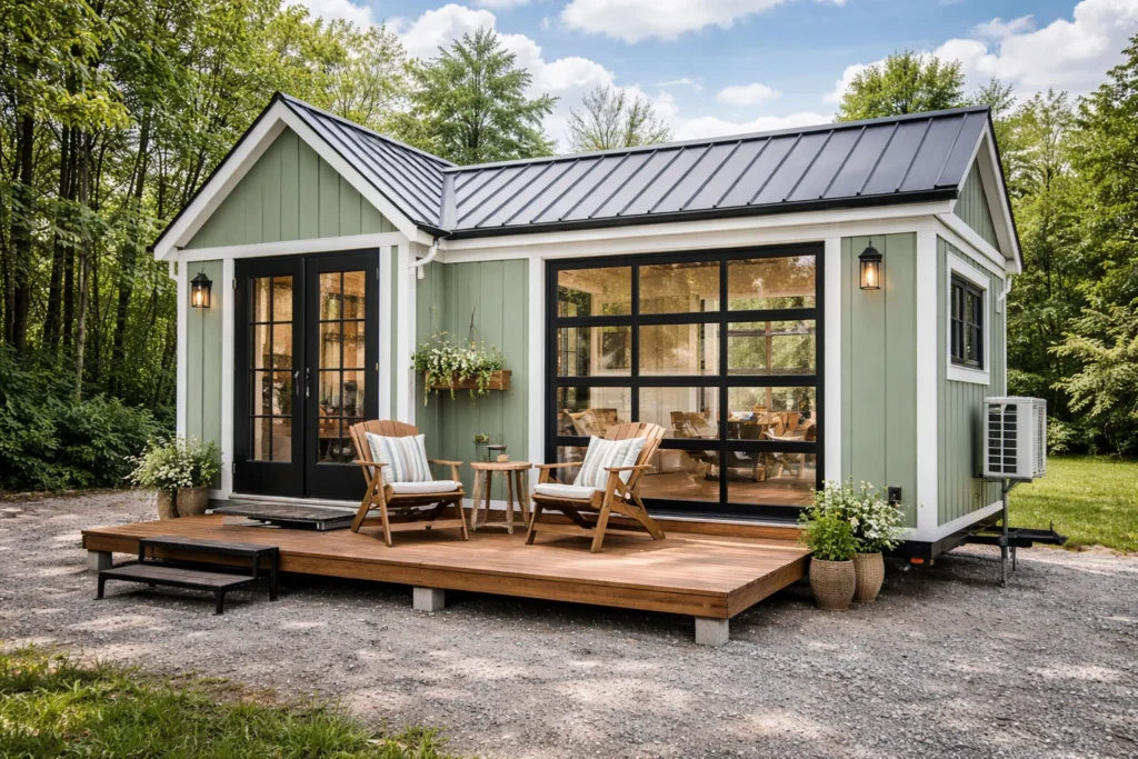 Modern tiny house on wheels with white exterior and black trim
