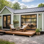 Modern tiny house on wheels with white exterior and black trim