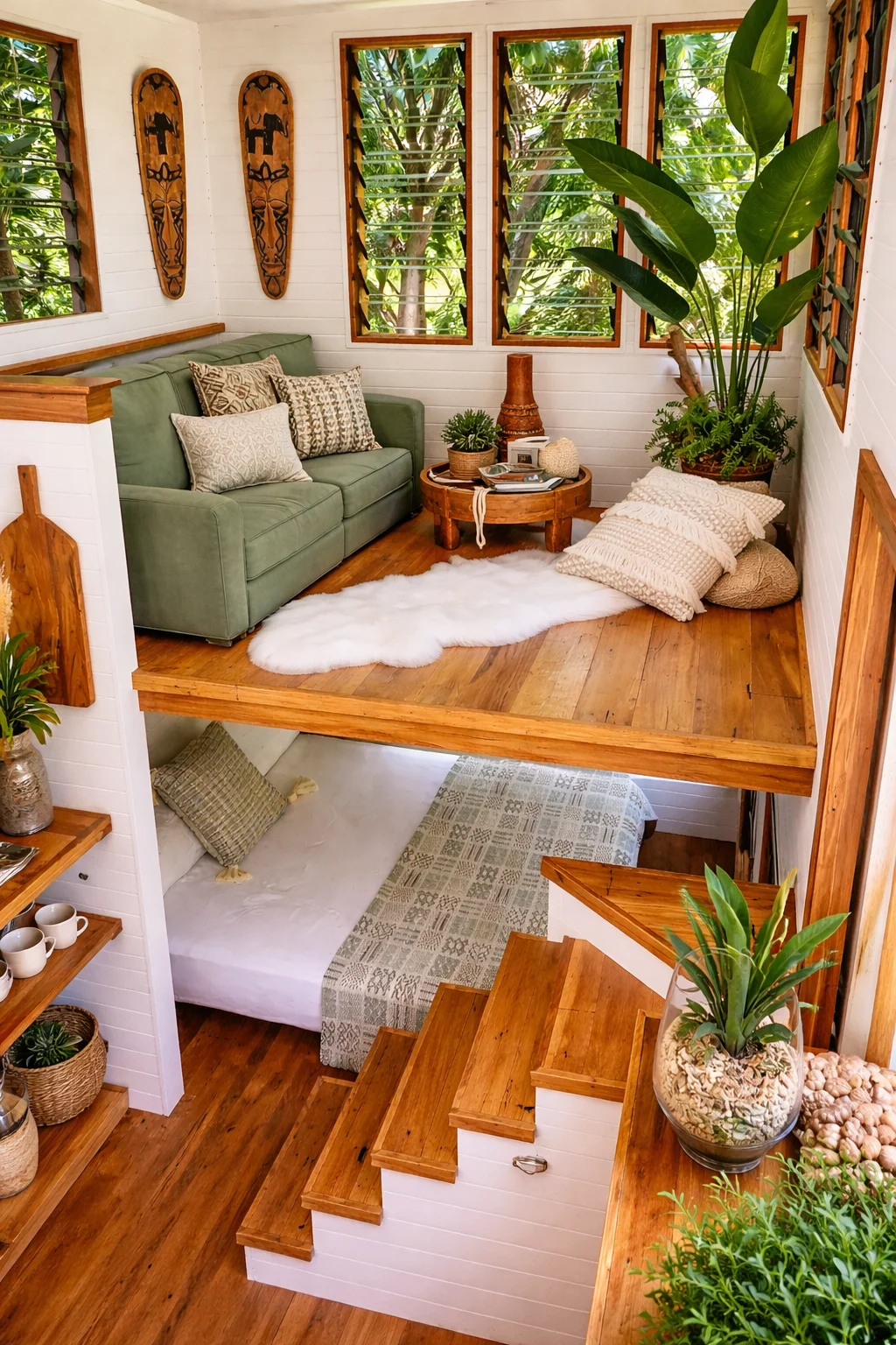 Tiny home loft with green sofa wooden stairs and cozy bedroom below in a bright natural interior