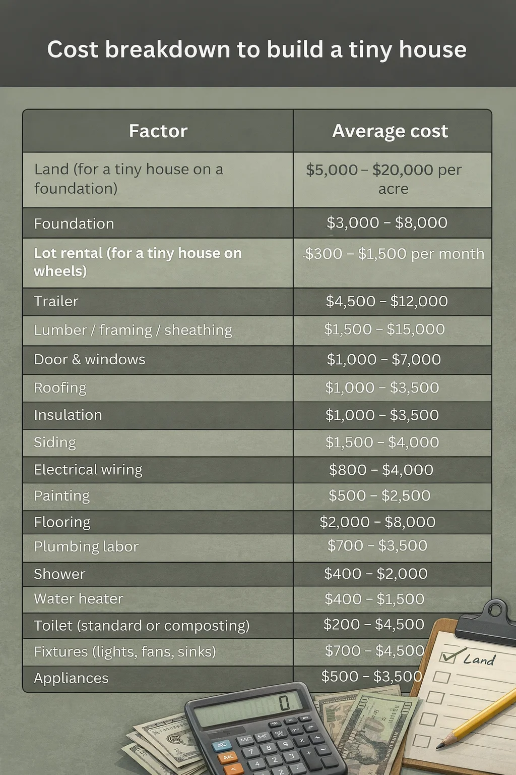 Tiny house cost planning and budget setup for building or buying a tiny home
