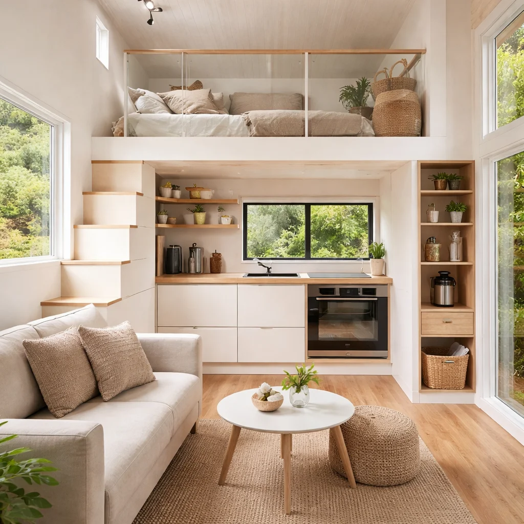 Minimalist tiny house interior with smart storage and clean design