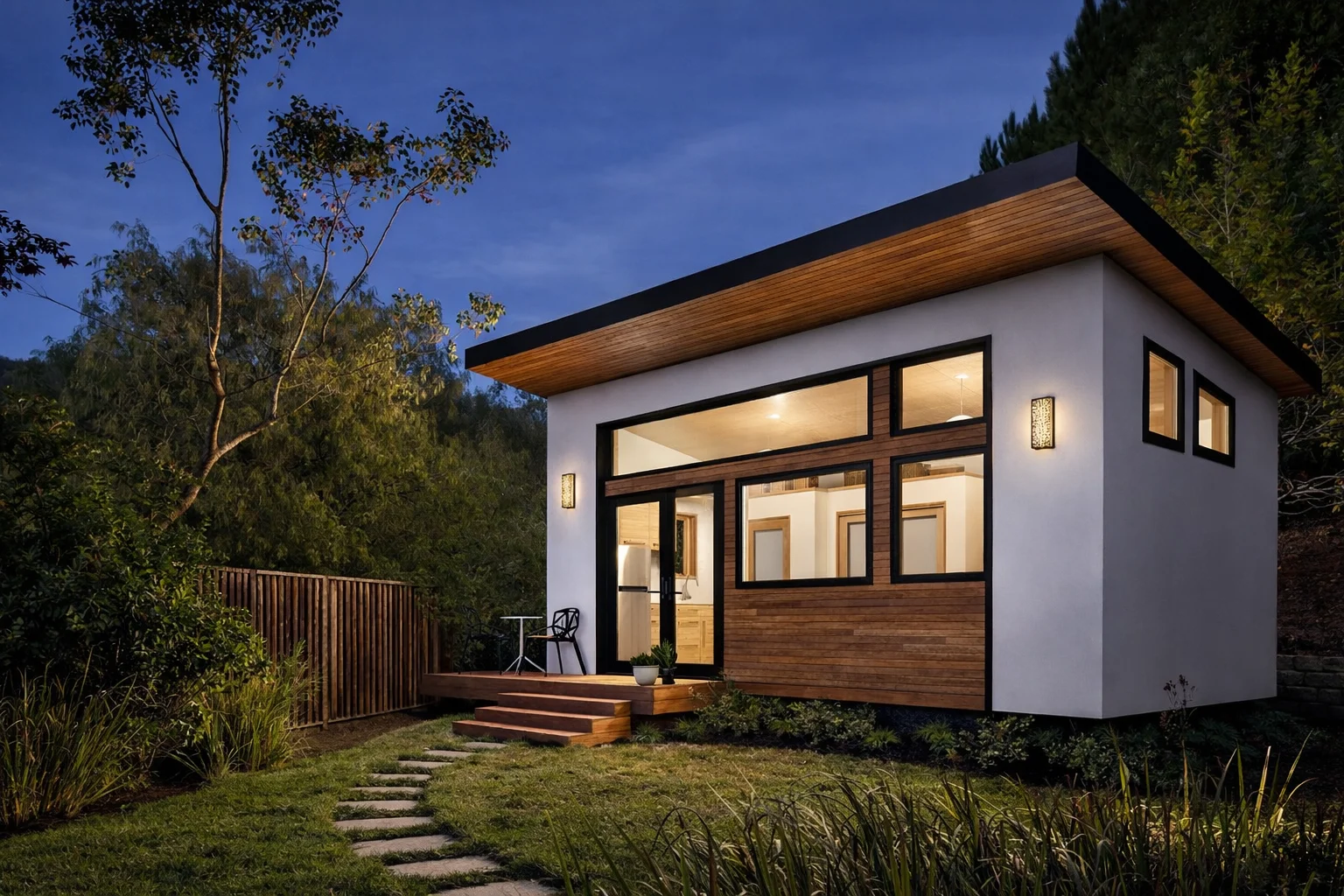 Modern tiny house with minimalist design and warm lighting in a peaceful natural setting