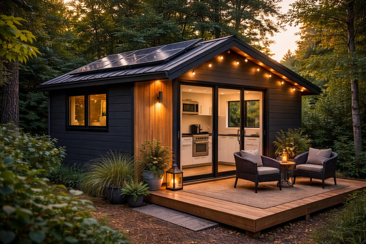 Tiny house with solar panels demonstrating energy efficient and sustainable living