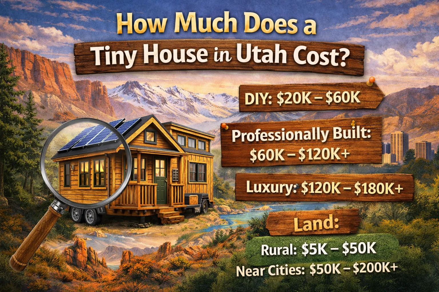 tiny house in Utah with cost breakdown and mountain landscape background