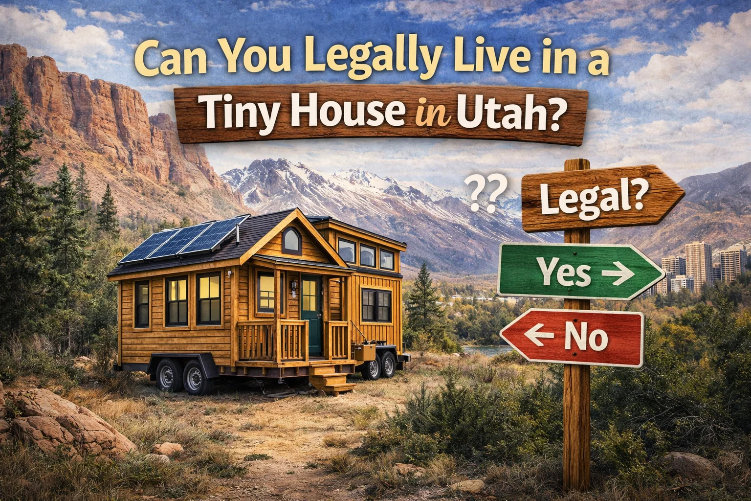 tiny house on wheels in Utah with sign showing legal living question