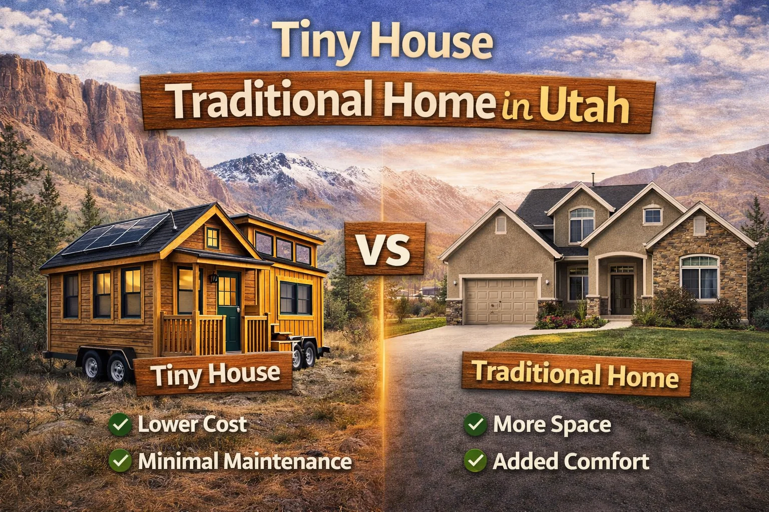 tiny house vs traditional home in Utah showing size and lifestyle differences