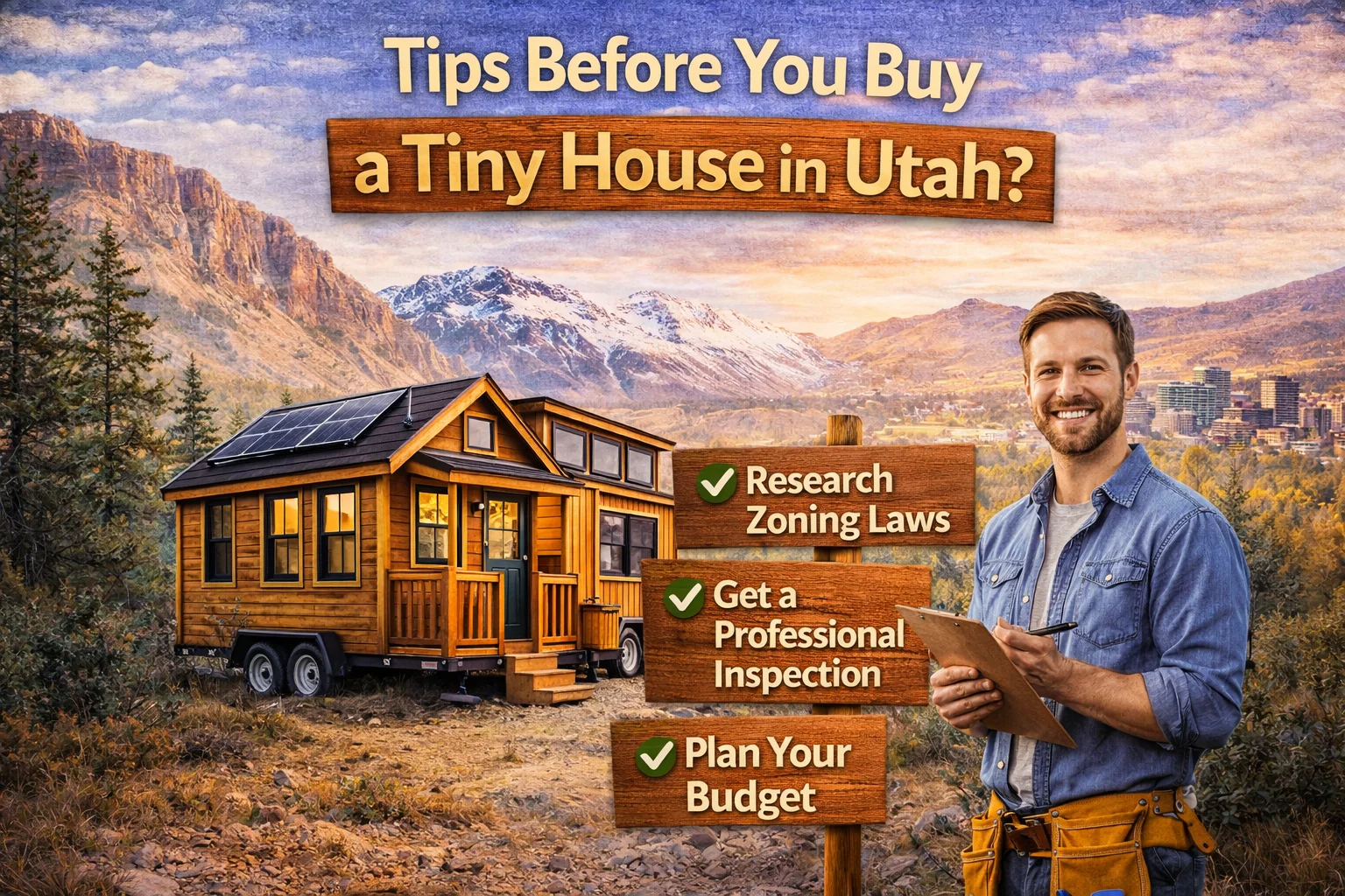 person checking checklist in front of tiny house in Utah before buying