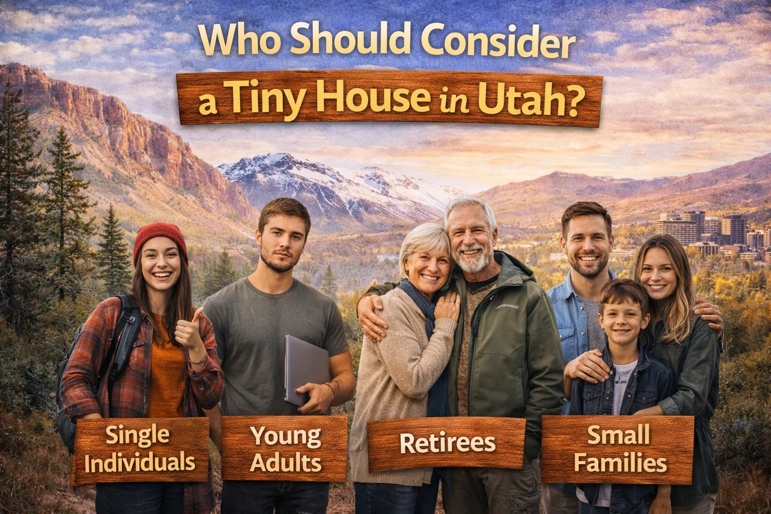 different people standing near tiny house in Utah representing lifestyle choices