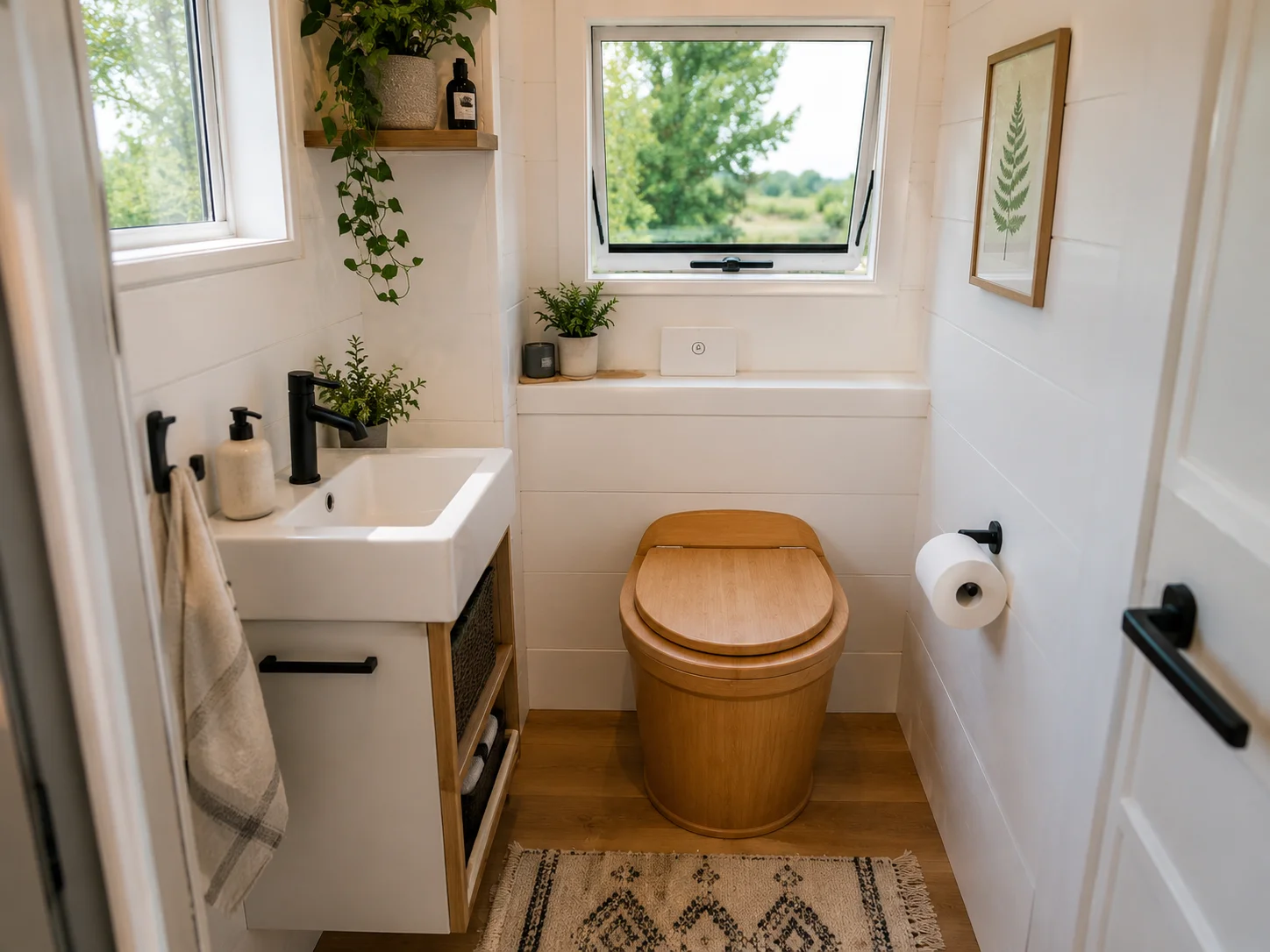 Modern tiny house bathroom with composting toilet, minimalist design, and smart space-saving storage.
