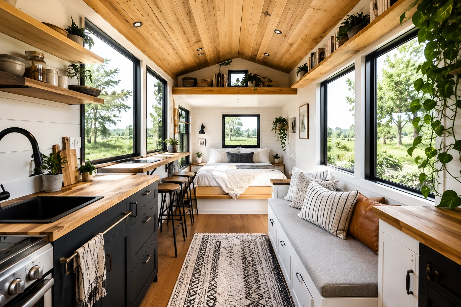 Bright modern tiny home interior with smart storage, large windows, cozy wood finishes, and open living space.