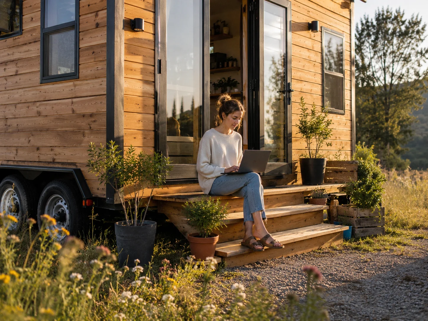 Woman working remotely on a laptop outside a modern tiny house, showcasing flexible off-grid tiny living.