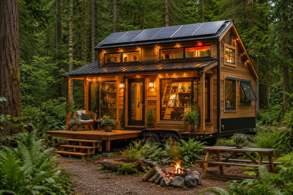 Modern off-grid tiny home in nature with solar panels showcasing sustainable living without utility bills