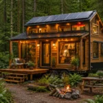 Modern off-grid tiny home in nature with solar panels showcasing sustainable living without utility bills
