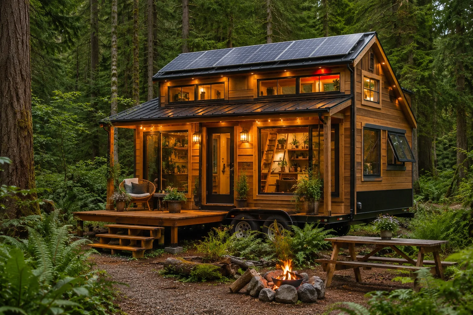 Modern off-grid tiny home in a forest with solar panels, natural wood exterior, and cozy outdoor lighting.