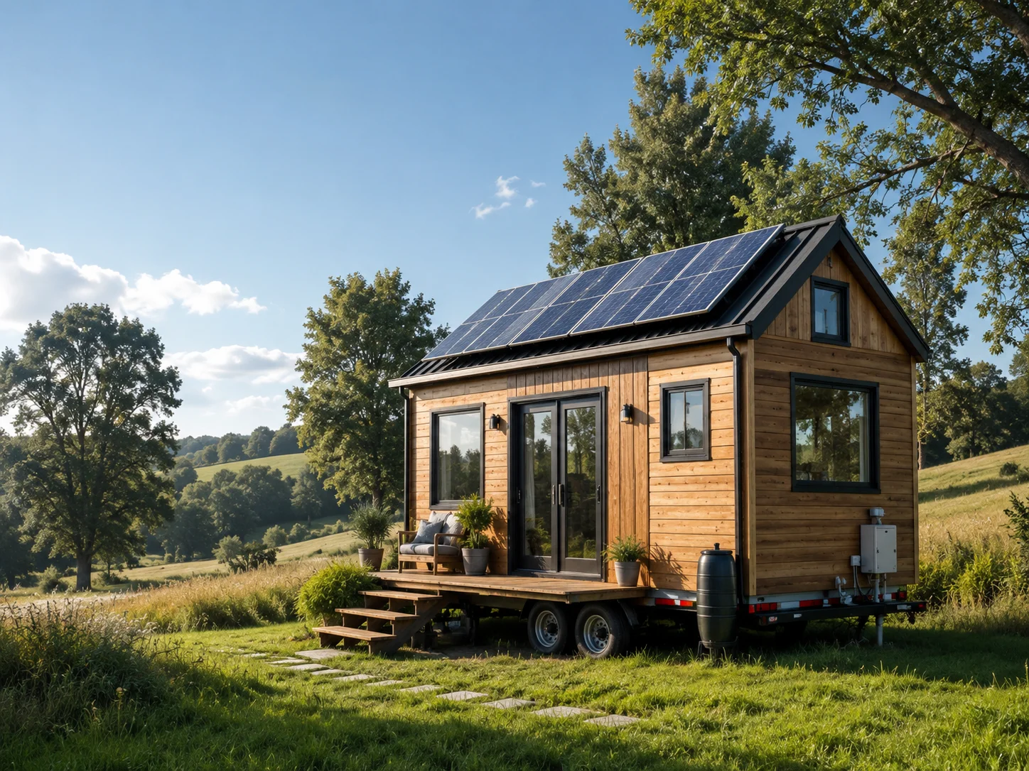 Solar-powered off-grid tiny house on wheels in a peaceful green field with natural wood siding.
