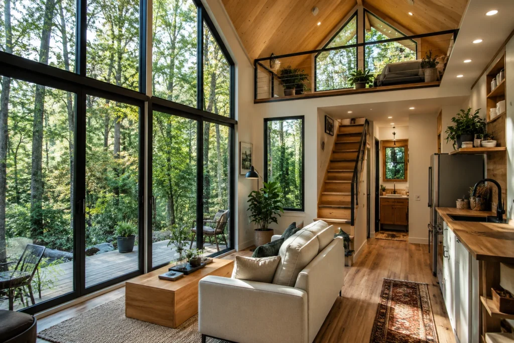 Modern tiny house interior with large floor-to-ceiling windows, natural light, and forest views.