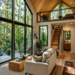 Modern tiny house interior with large floor-to-ceiling windows, natural light, and forest views.
