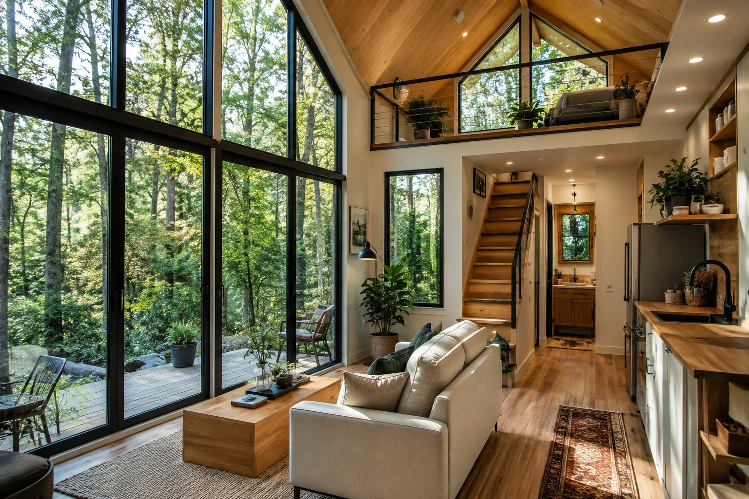 Modern tiny house interior with large floor-to-ceiling windows, natural light, and forest views.