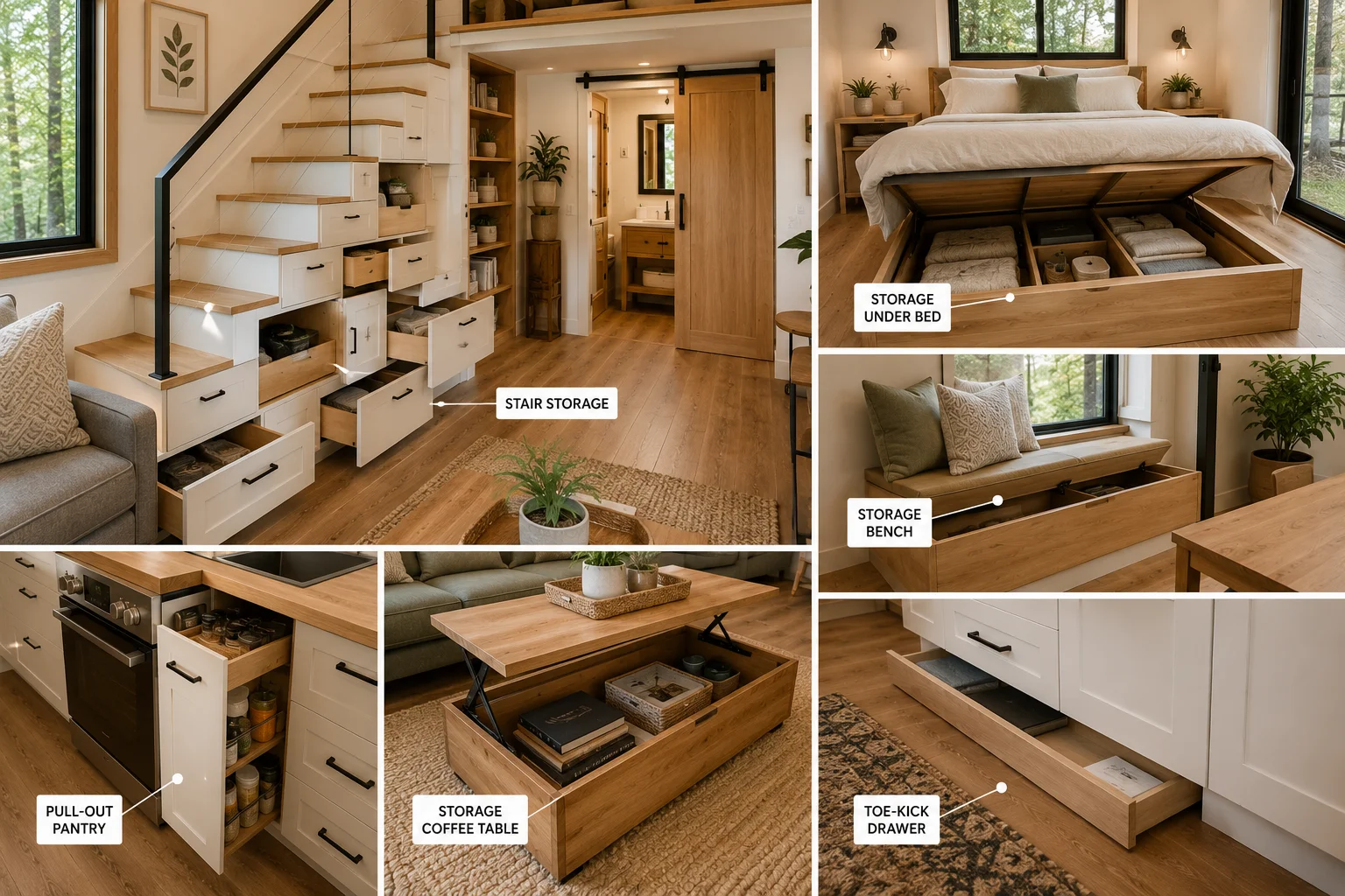 Tiny home interior showcasing hidden storage solutions in stairs, bed, bench, and kitchen cabinets.