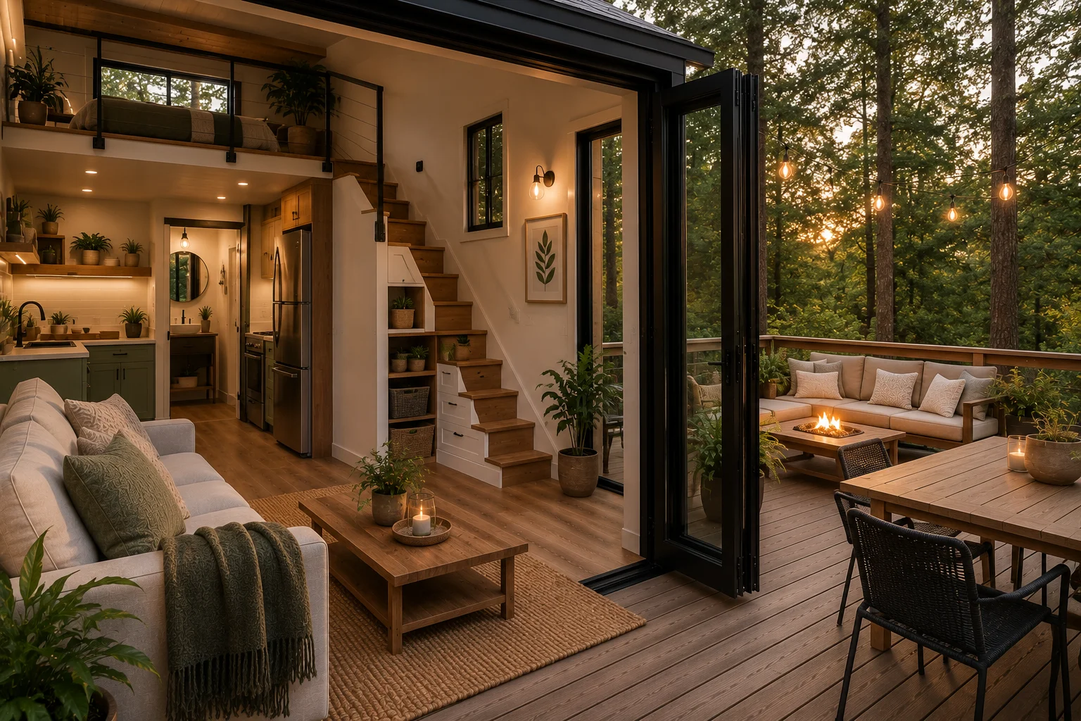 Modern tiny house with open indoor-outdoor living area, sliding doors, deck seating, and nature views.