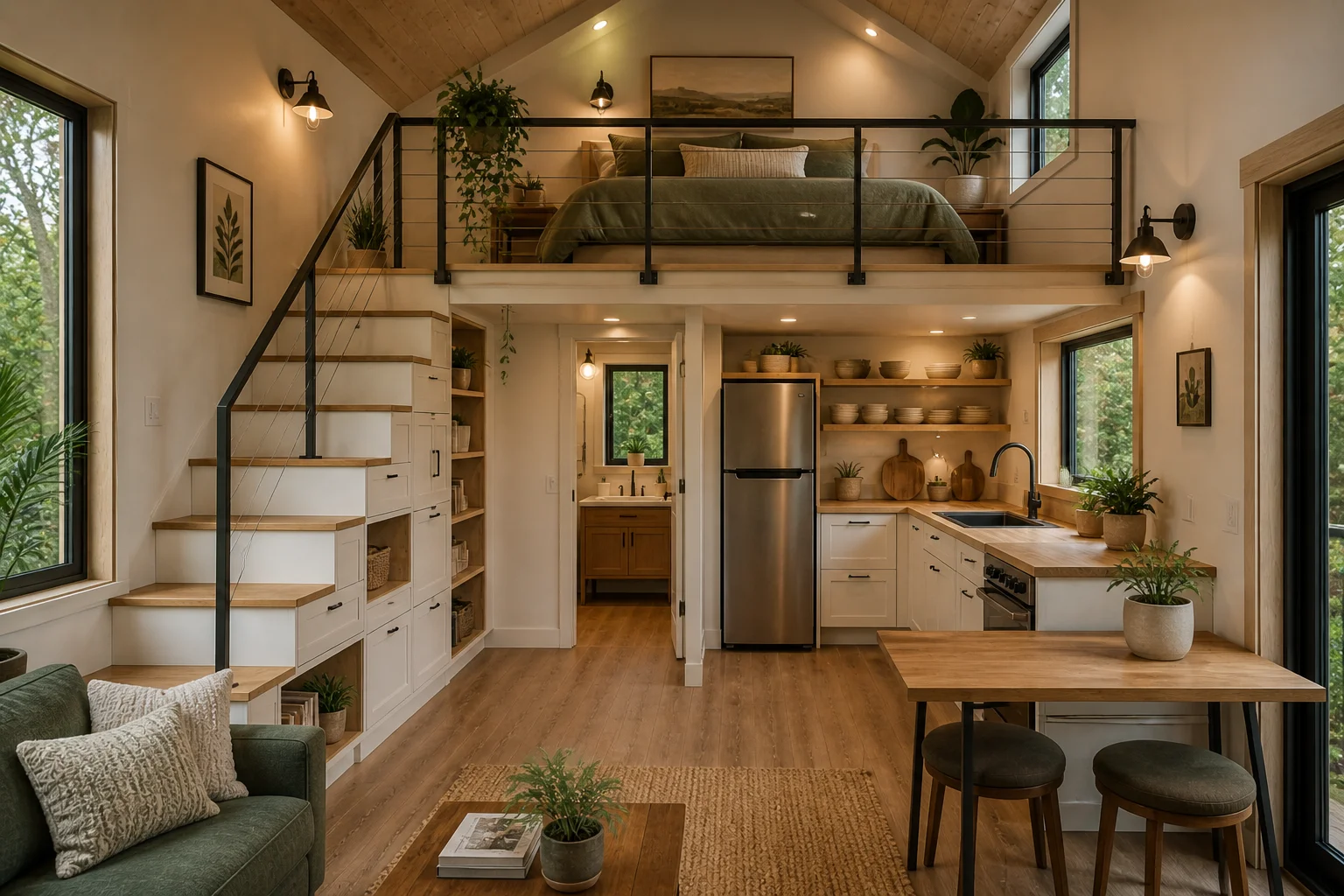 Minimalist tiny house interior with cozy neutral decor, soft textures, and warm wooden accents.