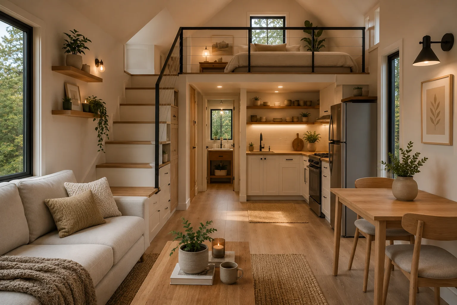 Modern tiny house with loft sleeping area, staircase storage, and open-concept interior design.