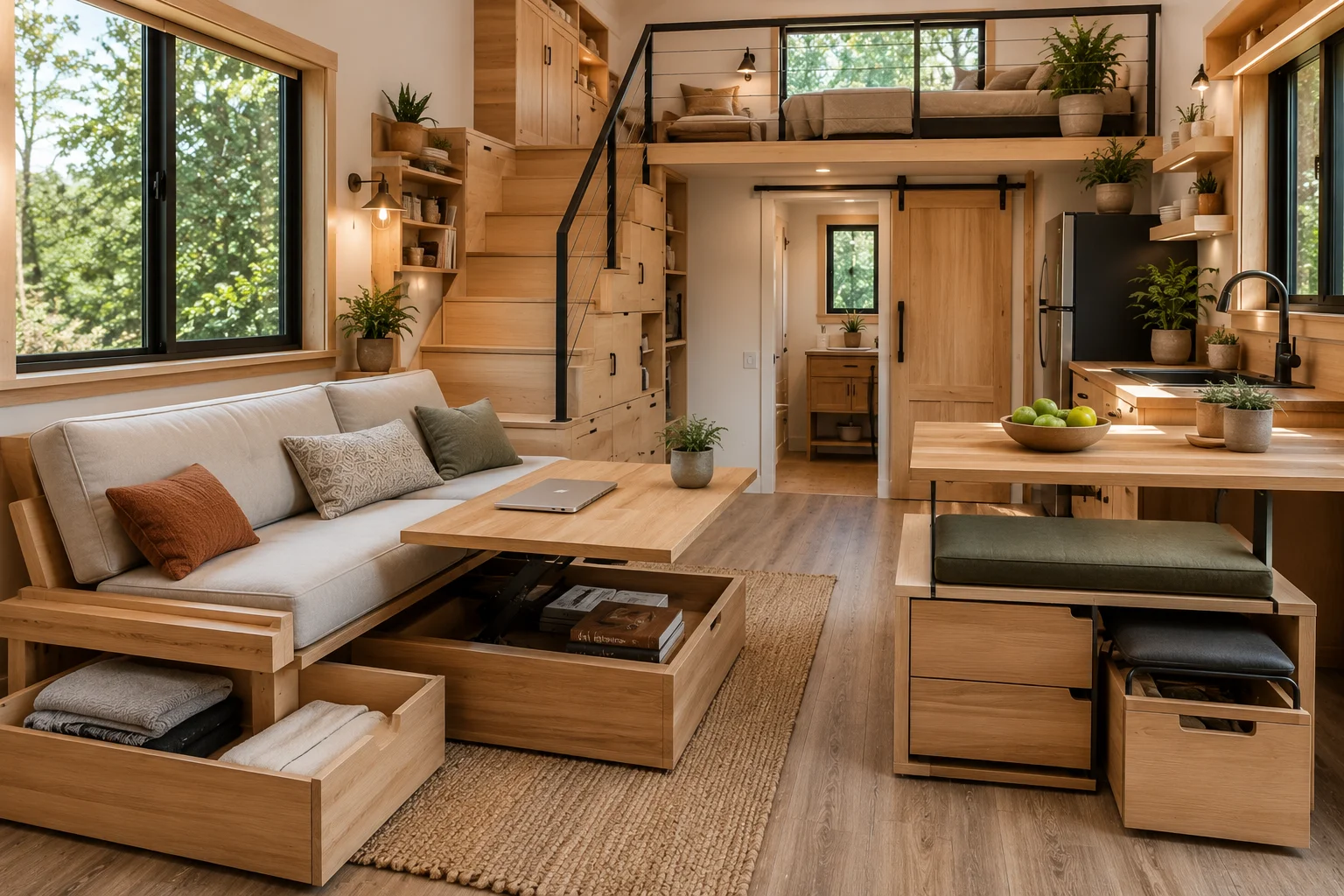 Tiny house interior with multi-functional furniture, hidden storage, and space-saving design solutions.