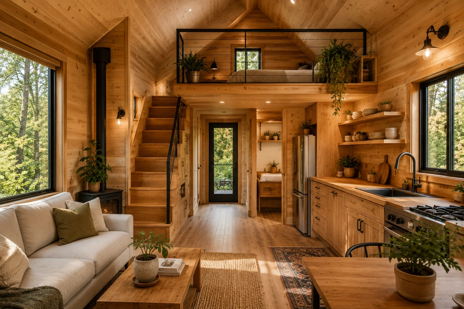 Cozy tiny house interior featuring natural wood walls, warm lighting, and minimalist decor.
