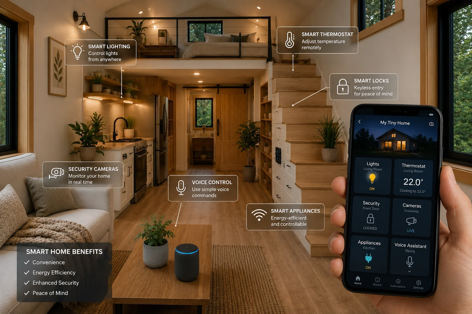 Modern tiny house with smart home features including app-controlled lighting, security, and smart thermostat.