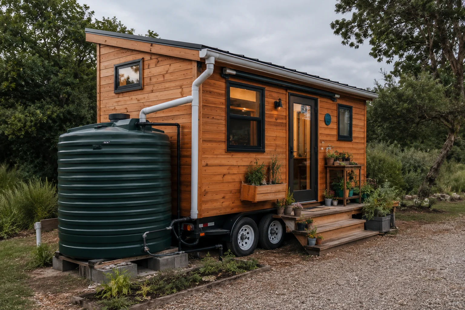 Off-grid tiny house with rainwater collection system and large external water storage tank for sustainable living.