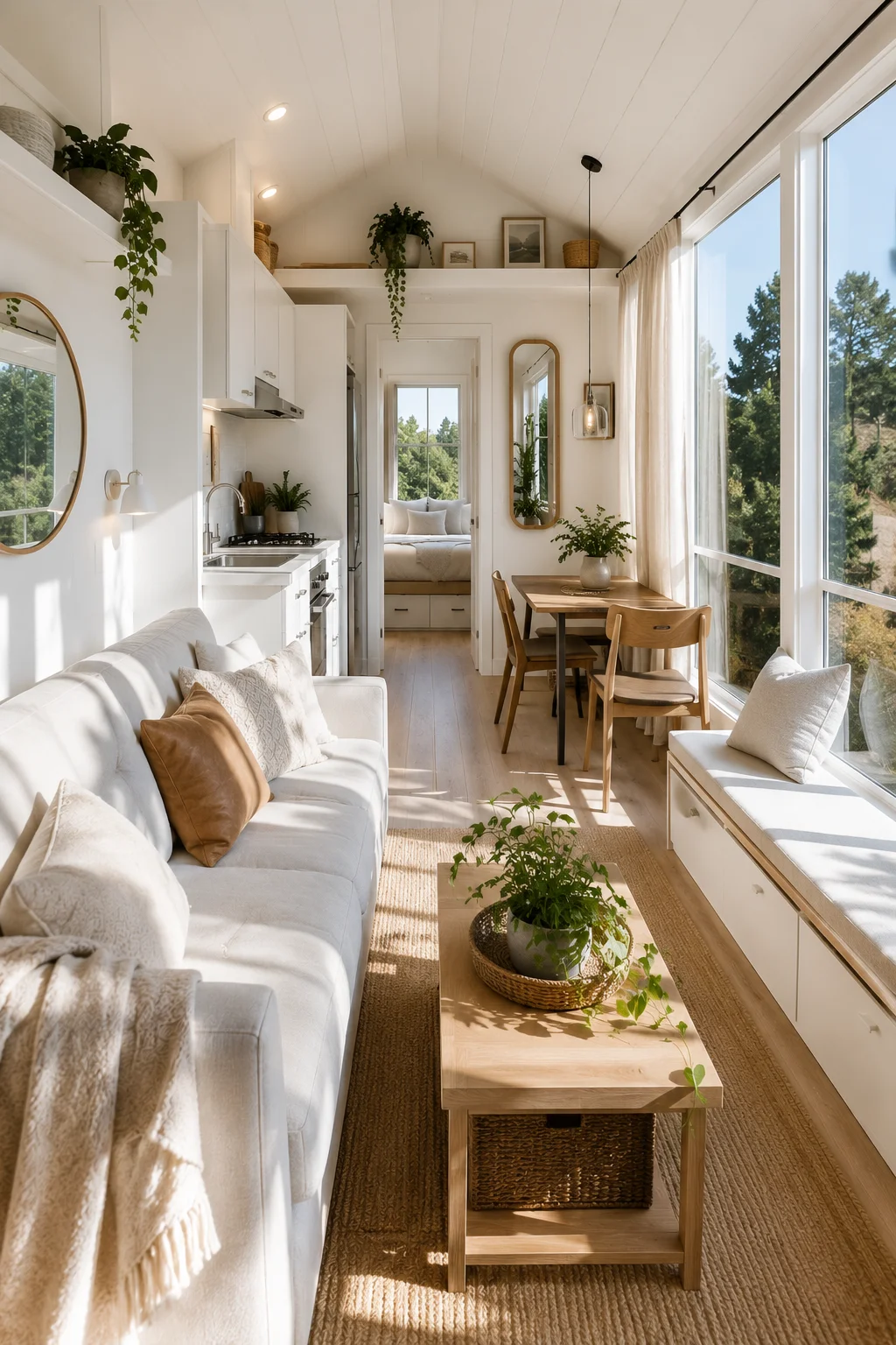 Cozy 300 sq ft home with large windows, white walls, mirrors, and natural light creating a spacious feel.
