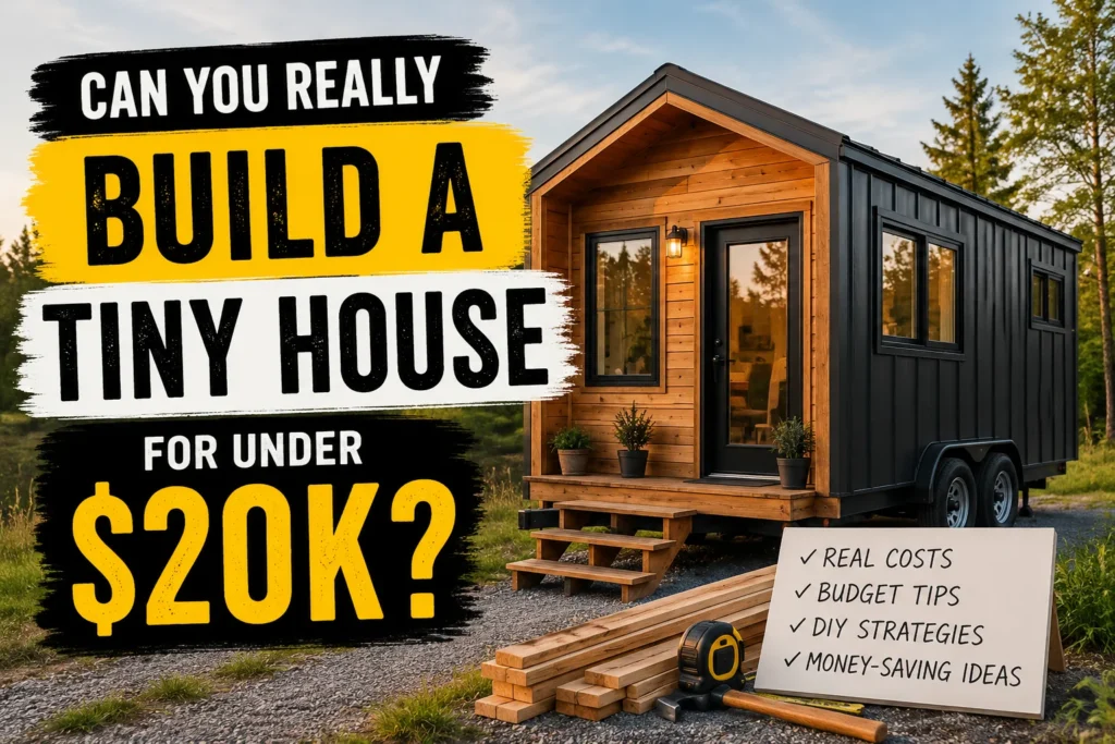 Modern tiny house on wheels surrounded by nature with construction materials and text asking if you can build a tiny house for under $20K.