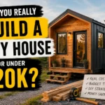 Modern tiny house on wheels surrounded by nature with construction materials and text asking if you can build a tiny house for under $20K.