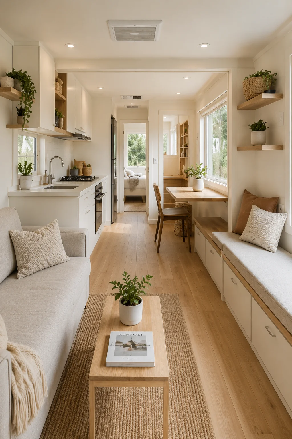 Bright 300 sq ft home with clean shelves, organized storage, minimal furniture, and a clutter-free interior.